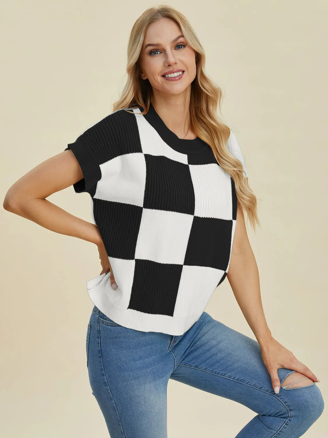 Double Take Full Size Checkered Round Neck Short Sleeve Sweater  