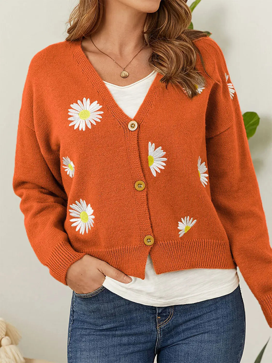 Flower Button Front Dropped Shoulder Cardigan  