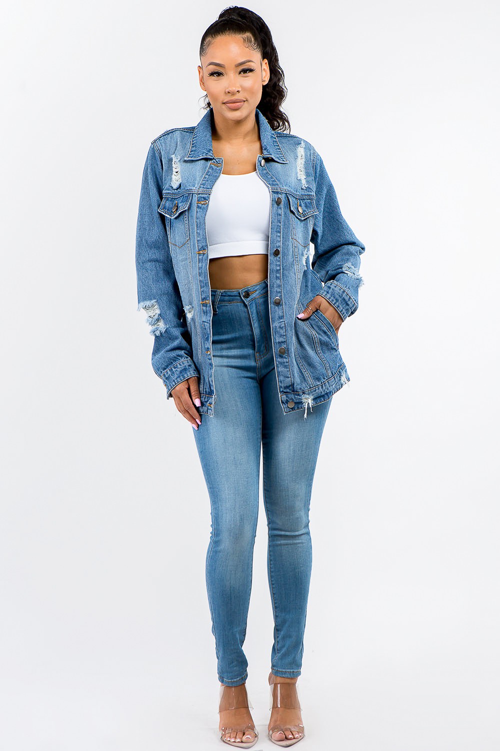 American Bazi Full Size Button Up Distressed Denim Jacket  