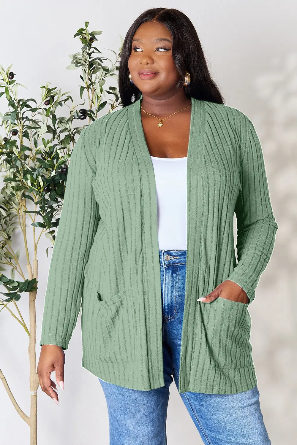 Basic Bae Full Size Ribbed Open Front Cardigan with Pockets  