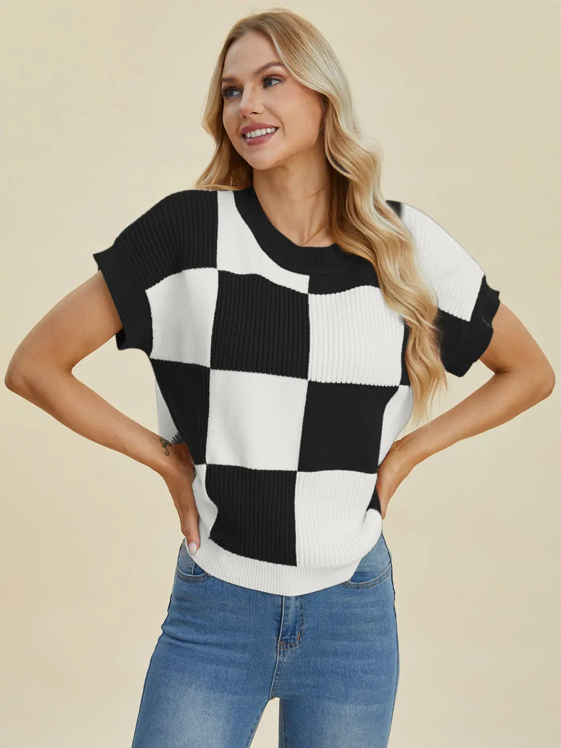 Double Take Full Size Checkered Round Neck Short Sleeve Sweater  