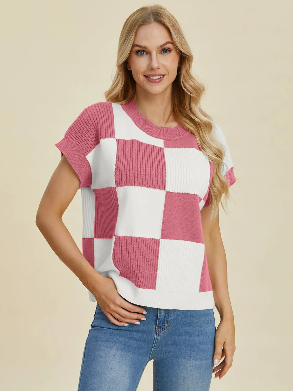 Double Take Full Size Checkered Round Neck Short Sleeve Sweater  