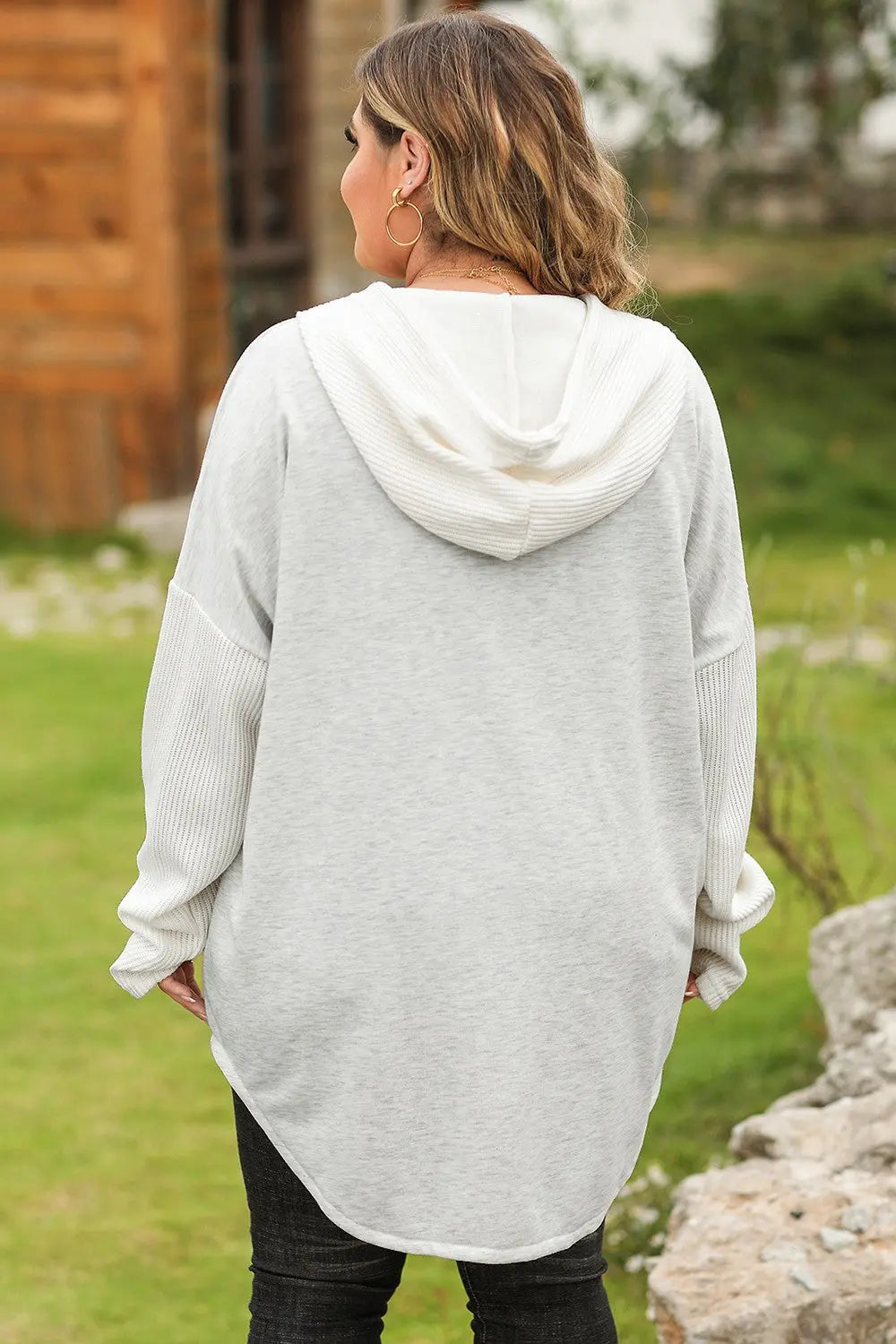 Plus Size Button Up Drawstring Long Sleeve Hoodie  