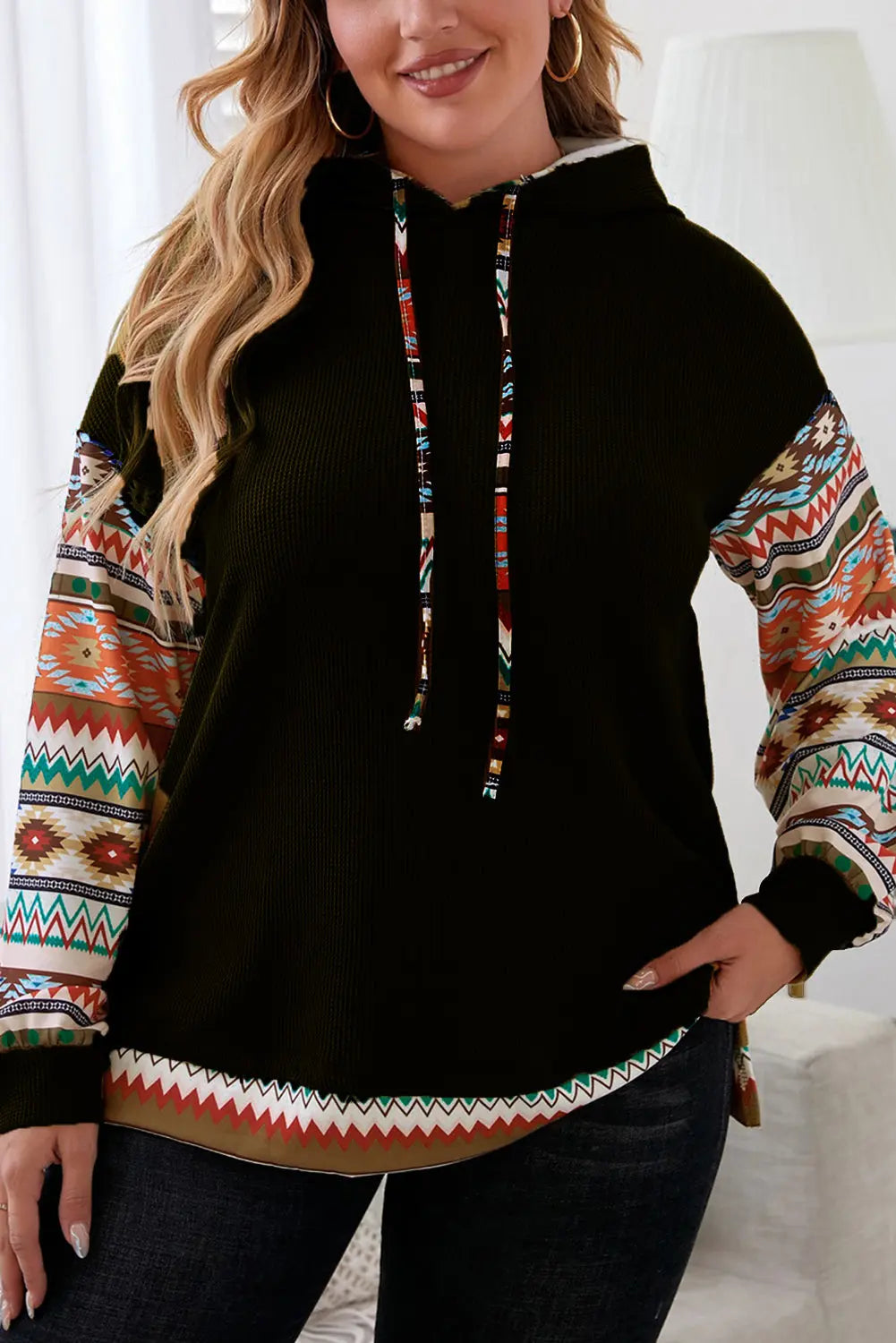 Plus Size Waffle-Knit Geometric Dropped Shoulder Hoodie  