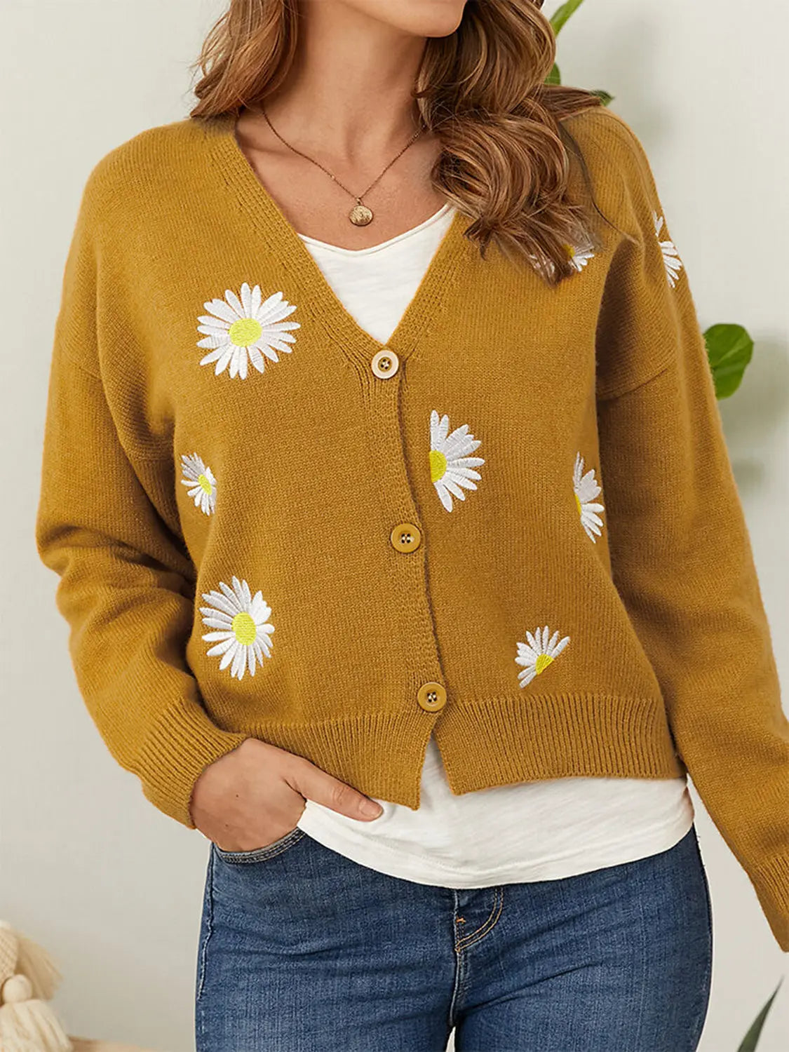 Flower Button Front Dropped Shoulder Cardigan  