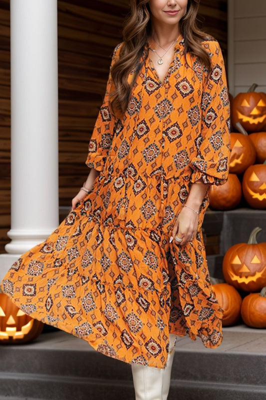 Frill Printed Tie Neck Long Sleeve Dress  