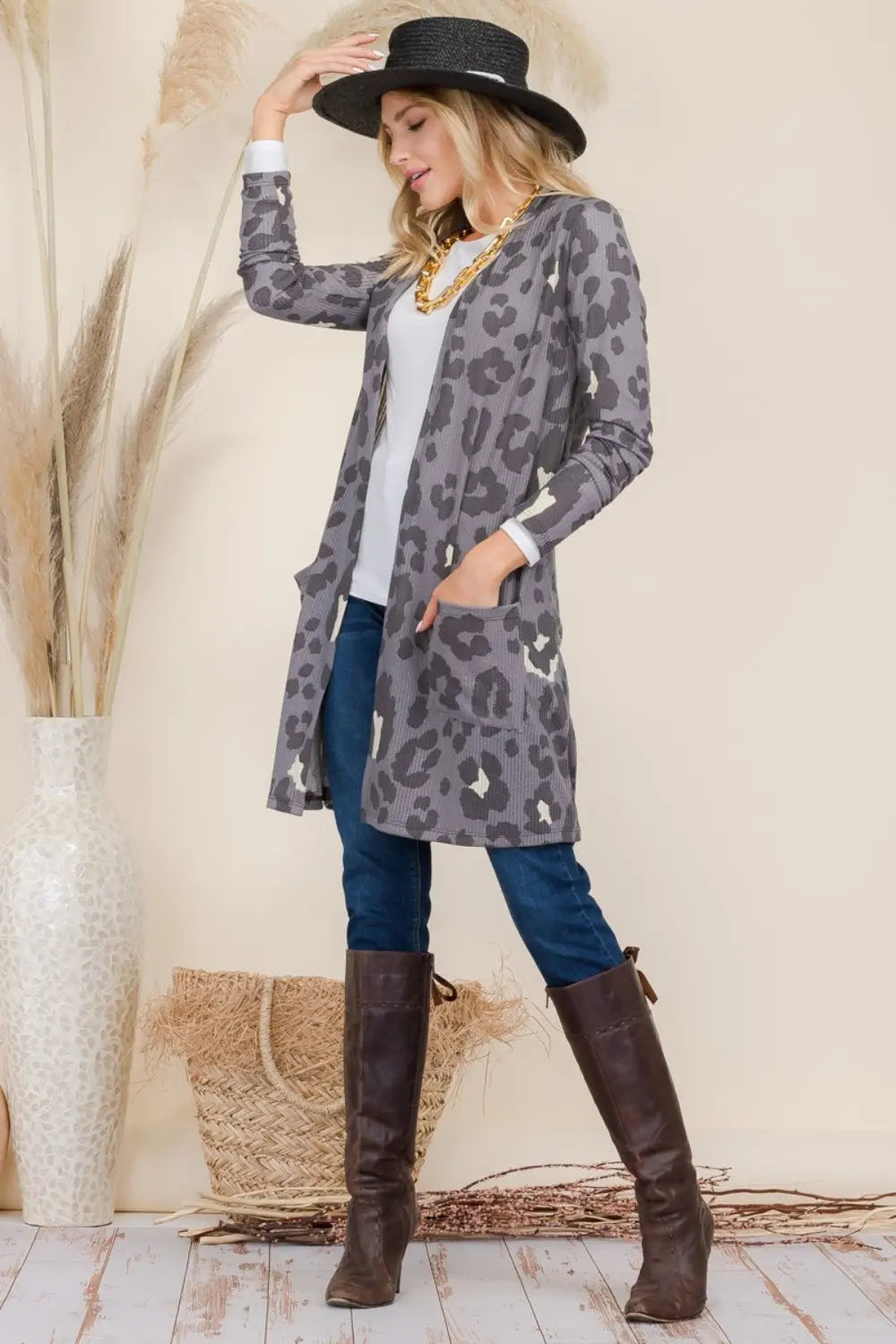 Celeste Full Size Leopard Open Front Contrast Cardigan  