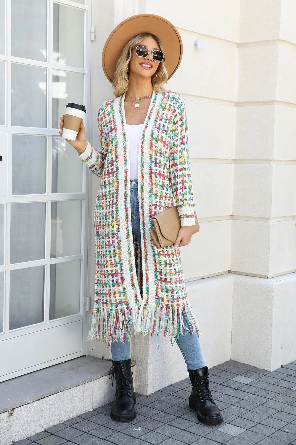 Angel Wings Full Size Multicolored Open Front Fringe Hem Cardigan  