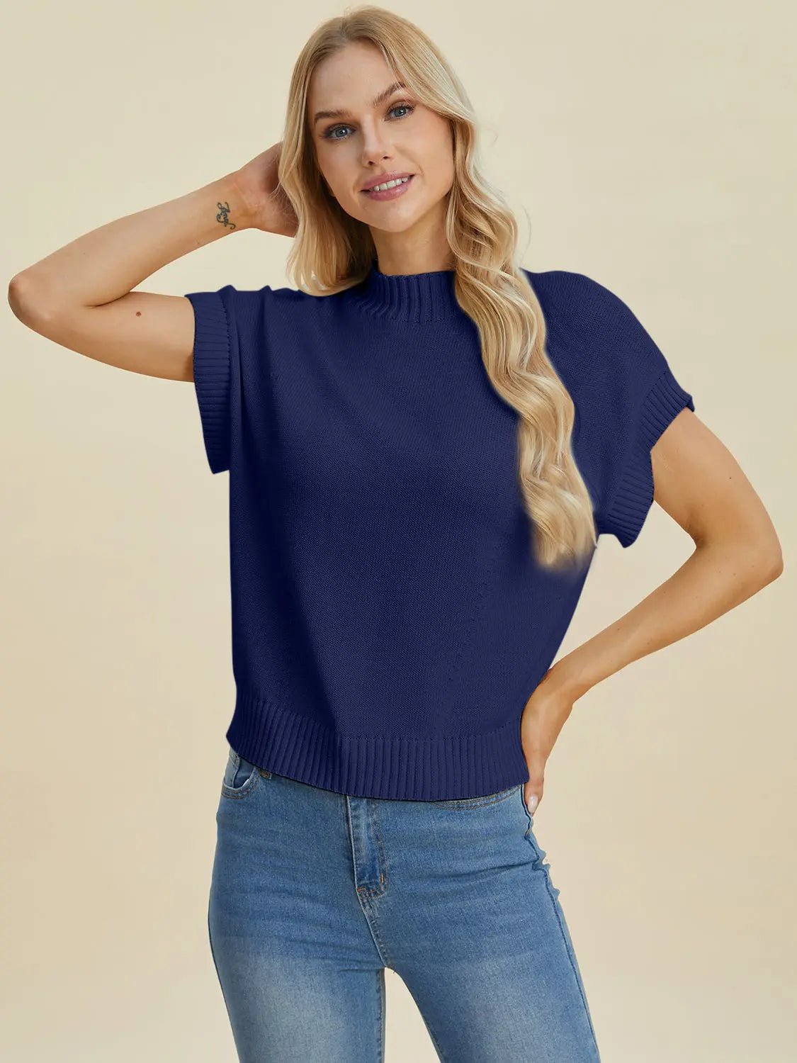 Double Take Full Size Mock Neck Short Sleeve Sweater  