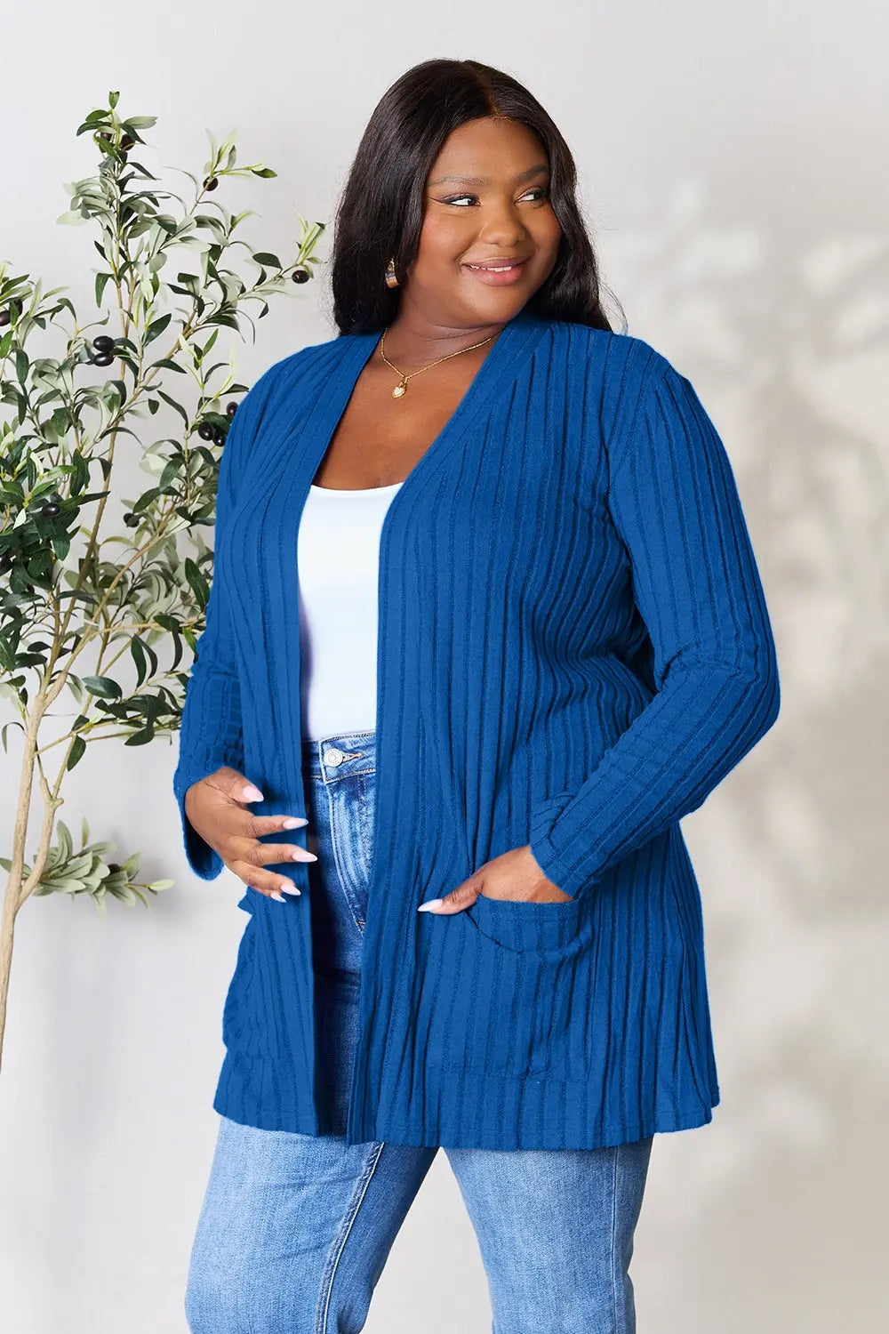 Basic Bae Full Size Ribbed Open Front Cardigan with Pockets  