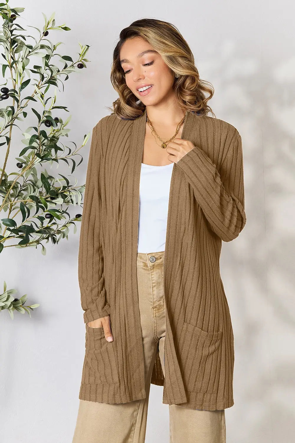 Basic Bae Full Size Ribbed Open Front Cardigan with Pockets  