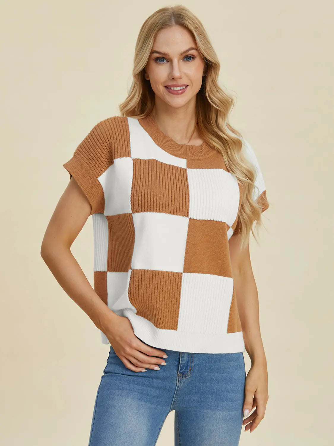 Double Take Full Size Checkered Round Neck Short Sleeve Sweater  