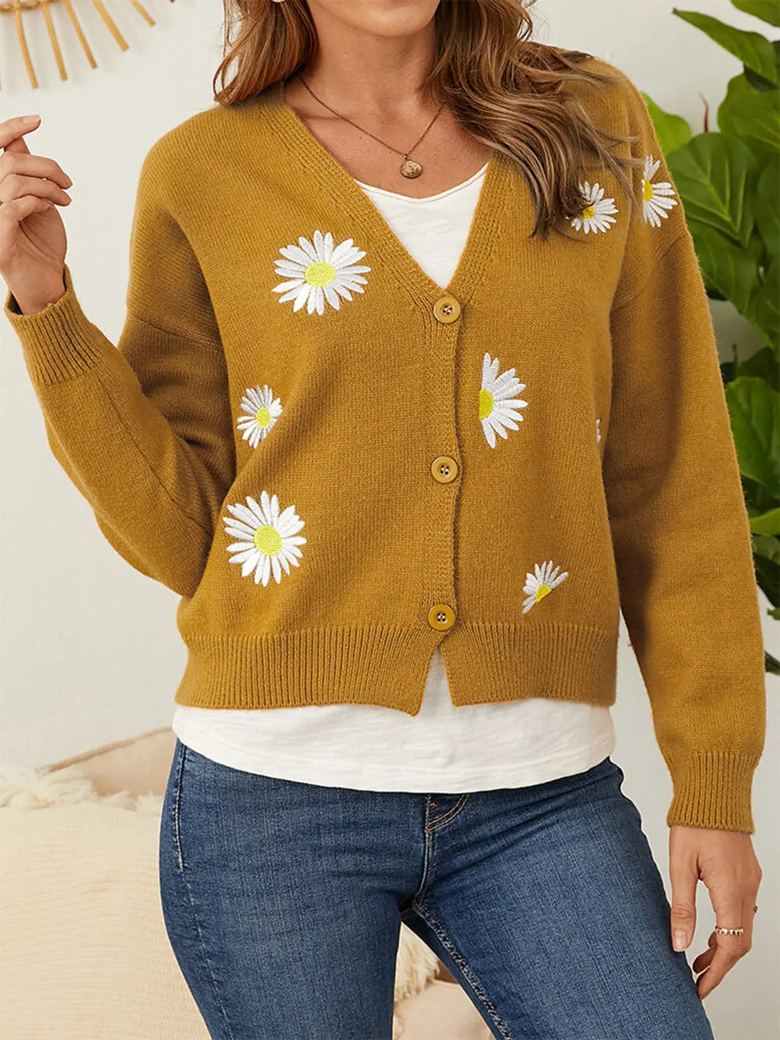 Flower Button Front Dropped Shoulder Cardigan  