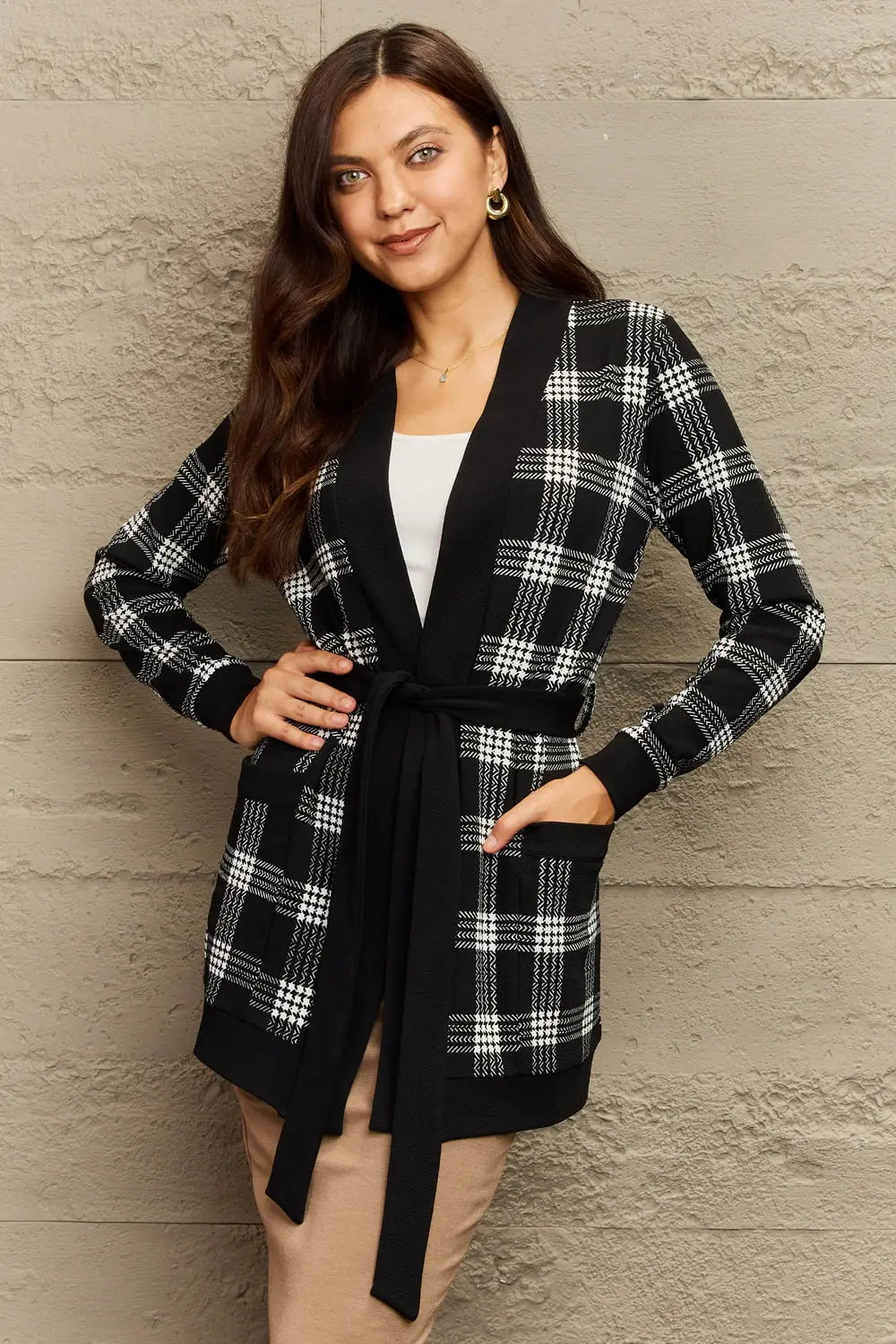 Ninexis Full Size Plaid Tie Waist Pocketed Cardigan  