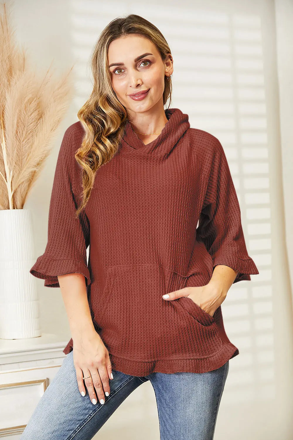 Full Size Waffle-Knit Ruffle Hem Hoodie  