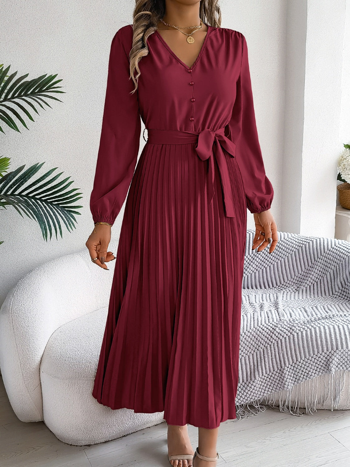 Pleated Tied V-Neck Long Sleeve Dress  