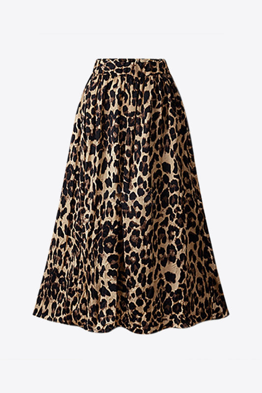 Plus Size Leopard Elastic Waist Midi Skirt  