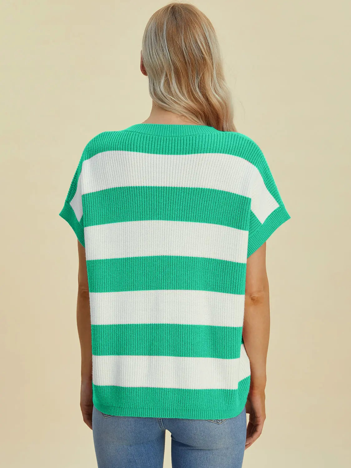 Double Take Full Size Striped V-Neck Short Sleeve Sweater  