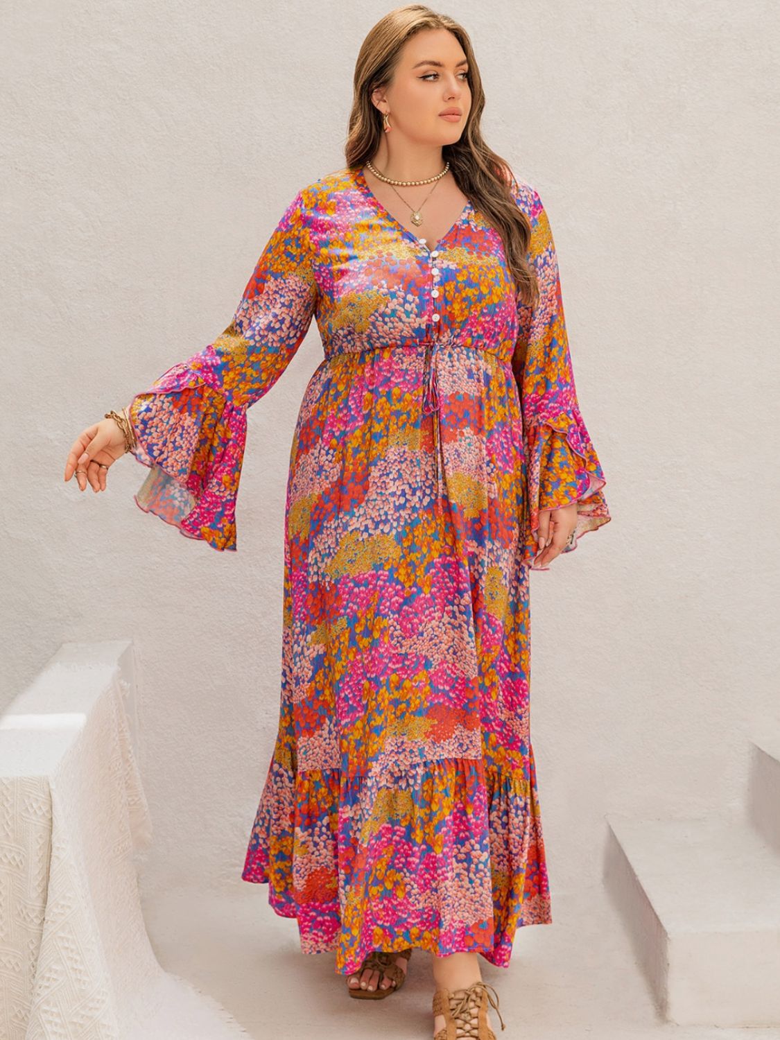 Plus Size Printed V-Neck Long Sleeve Maxi Dress  