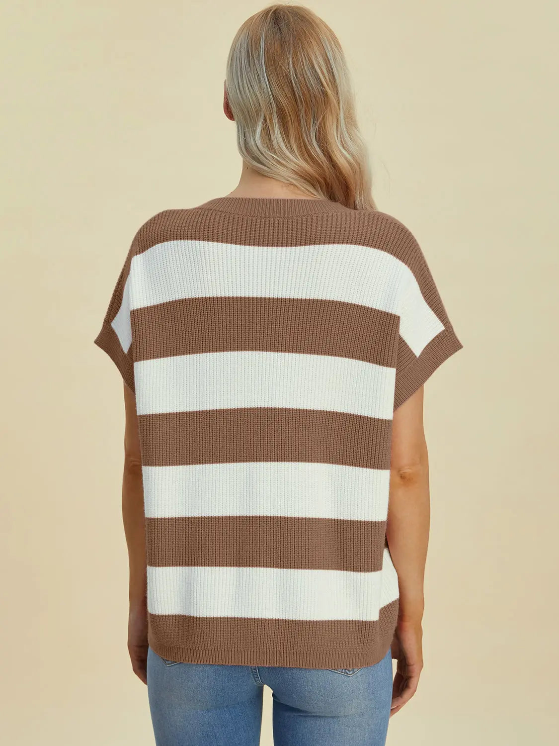 Double Take Full Size Striped V-Neck Short Sleeve Sweater  