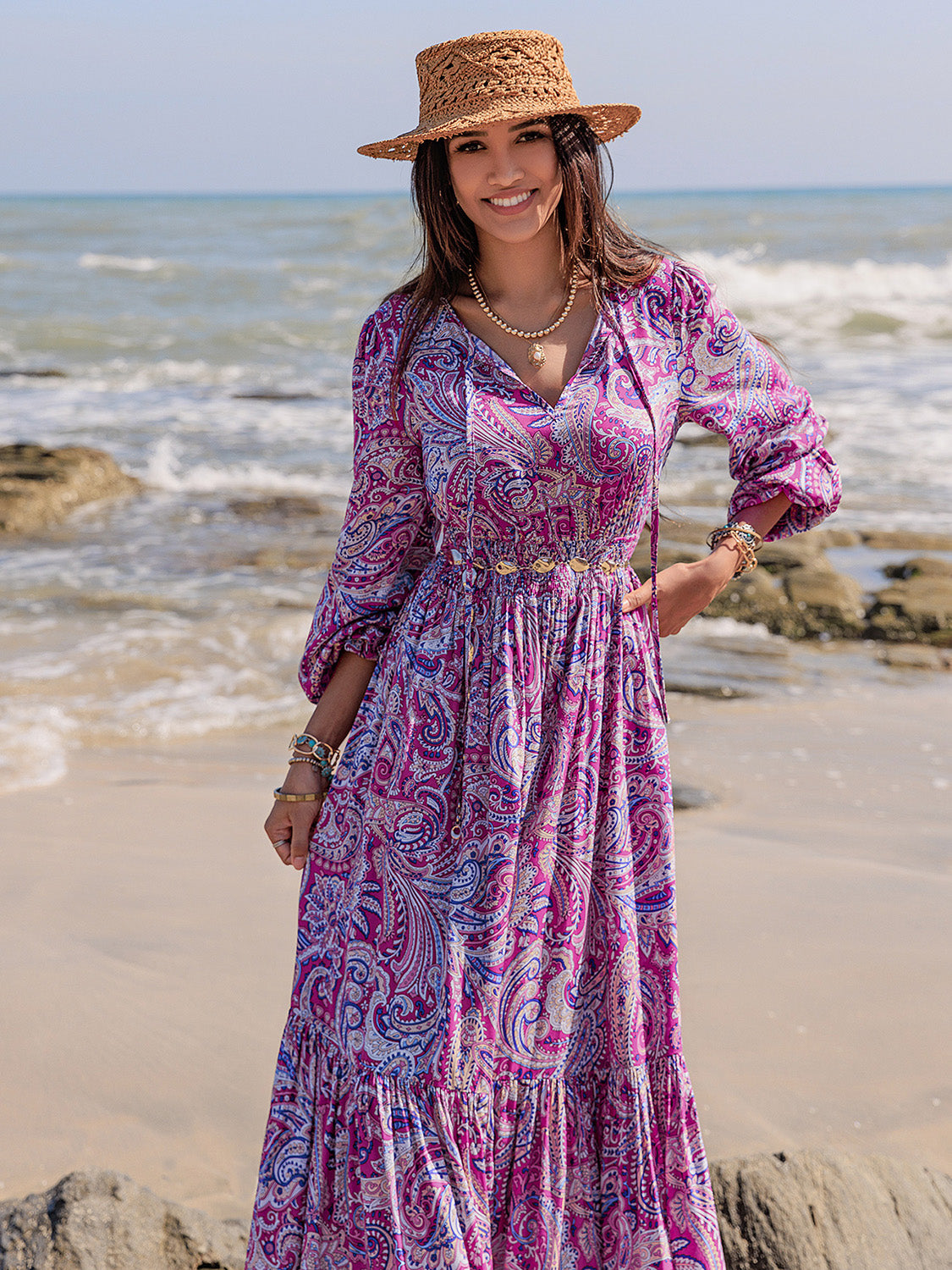 Printed Tie Neck Balloon Sleeve Maxi Dress  