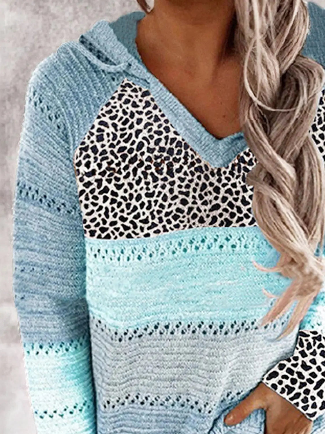 Full Size Openwork Leopard Drawstring Hooded Sweater  