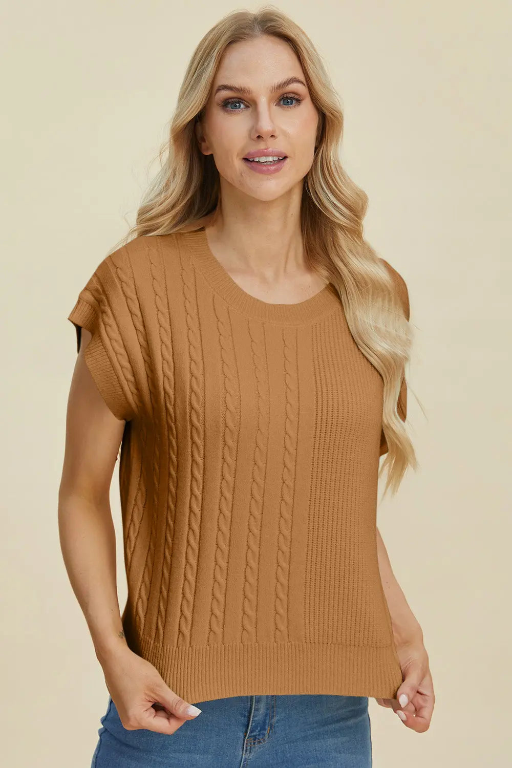 Double Take Full Size Cable-Knit Round Neck Short Sleeve Sweater  