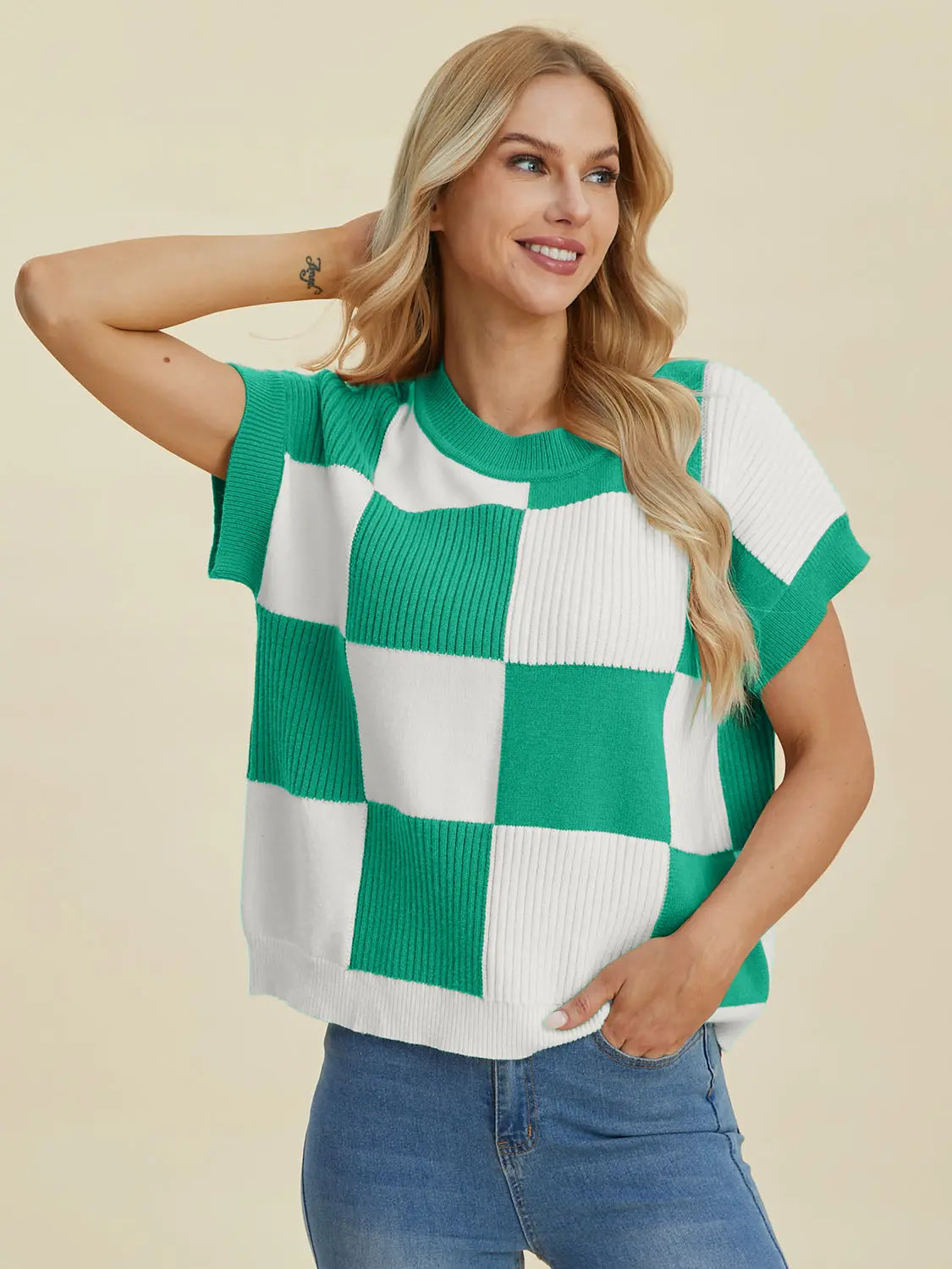 Double Take Full Size Checkered Round Neck Short Sleeve Sweater  