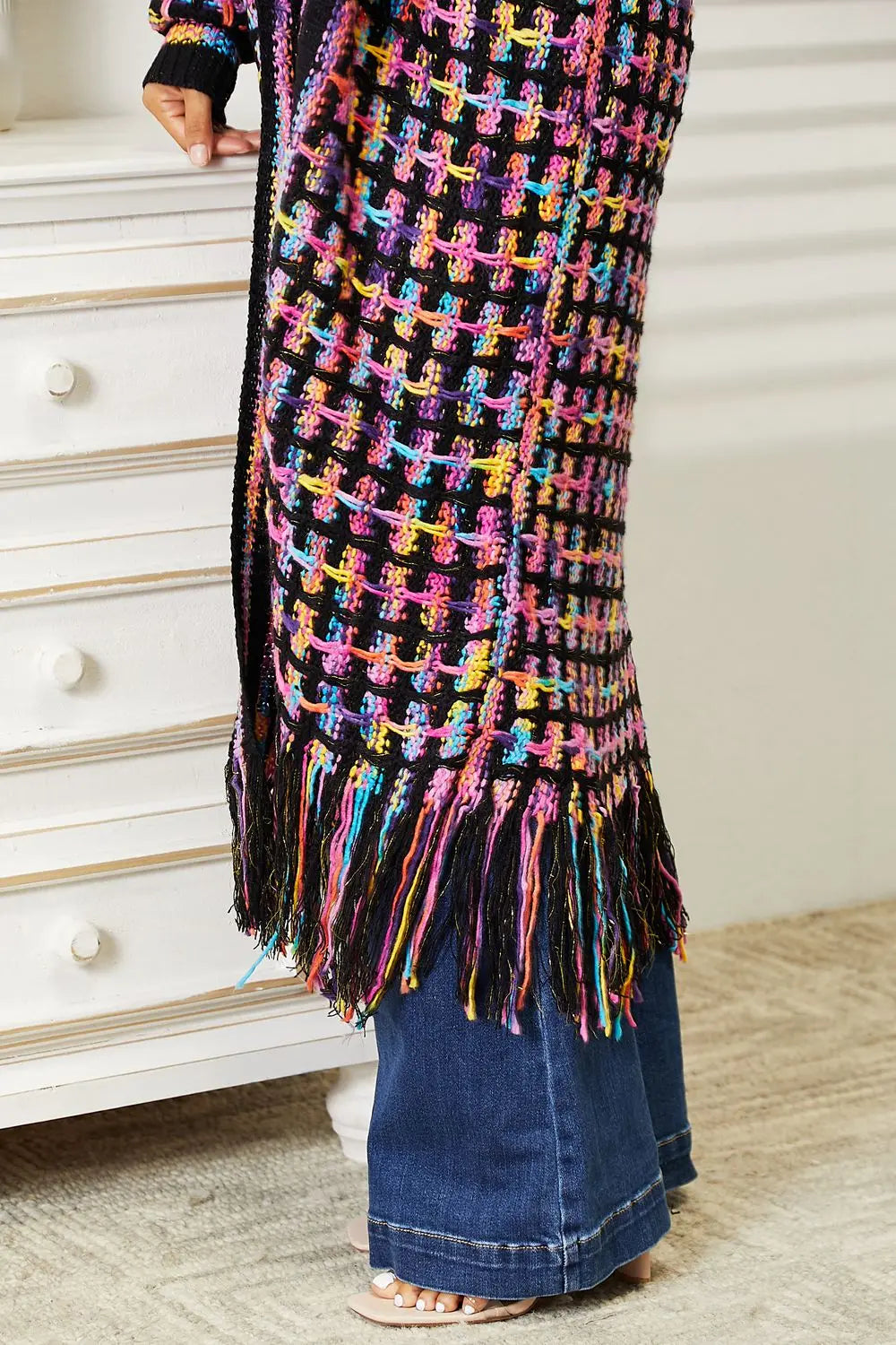 Angel Wings Full Size Multicolored Open Front Fringe Hem Cardigan  