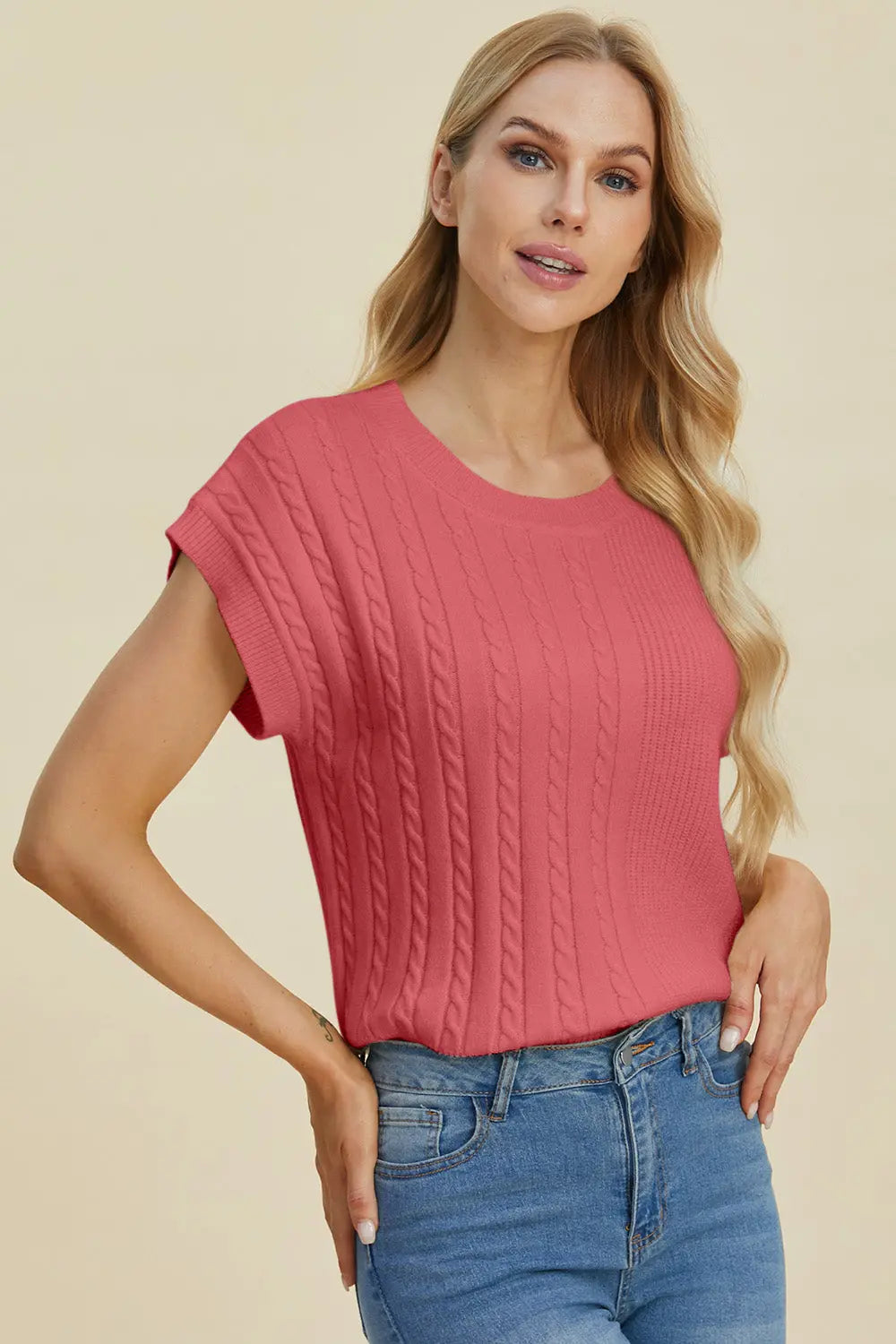 Double Take Full Size Cable-Knit Round Neck Short Sleeve Sweater  