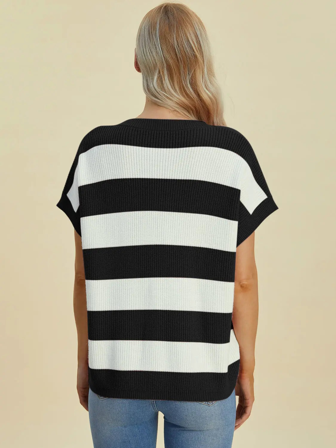 Double Take Full Size Striped V-Neck Short Sleeve Sweater  