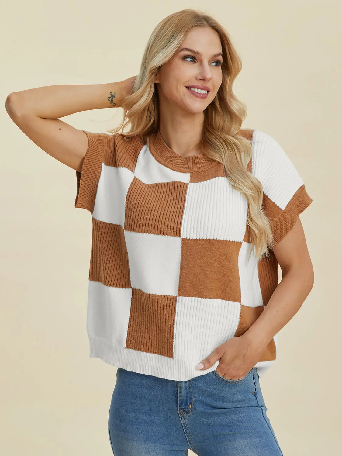 Double Take Full Size Checkered Round Neck Short Sleeve Sweater  