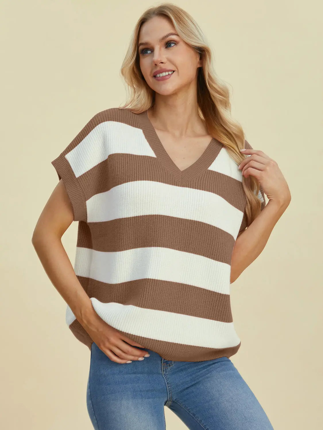 Double Take Full Size Striped V-Neck Short Sleeve Sweater  