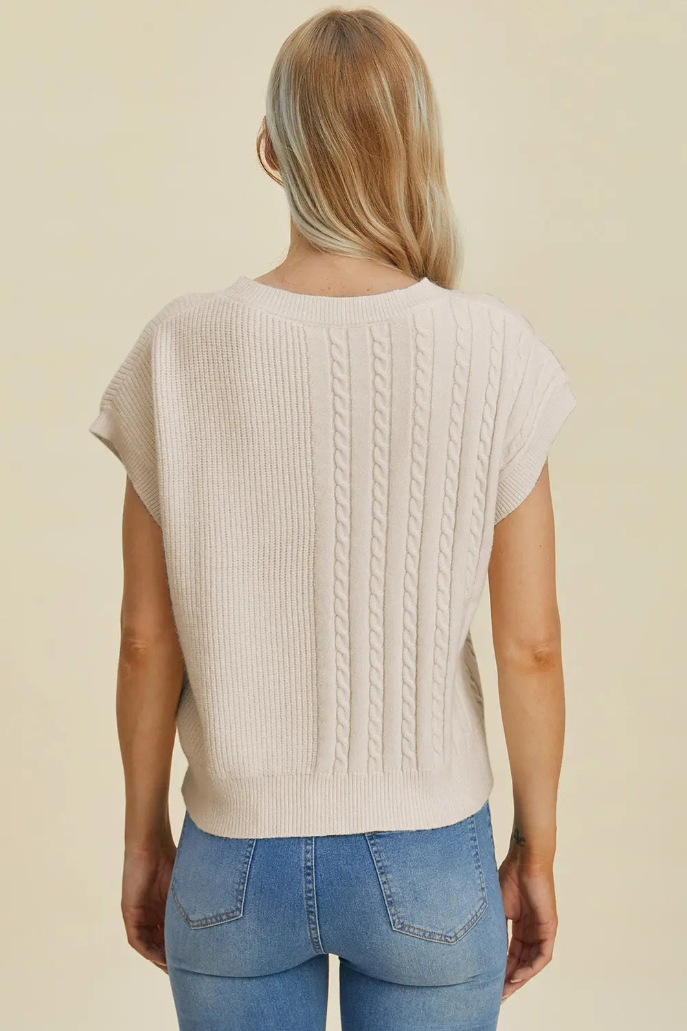 Double Take Full Size Cable-Knit Round Neck Short Sleeve Sweater  