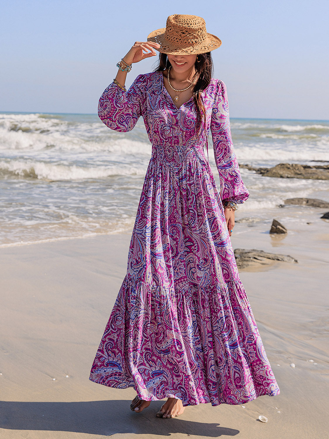 Printed Tie Neck Balloon Sleeve Maxi Dress  