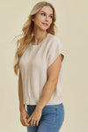 Double Take Full Size Cable-Knit Round Neck Short Sleeve Sweater  