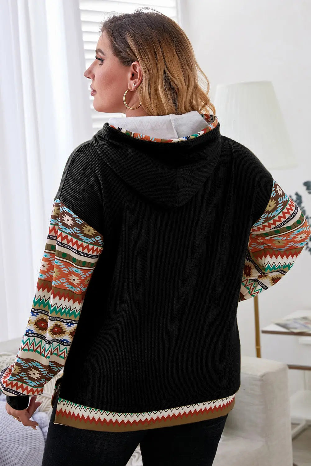 Plus Size Waffle-Knit Geometric Dropped Shoulder Hoodie  