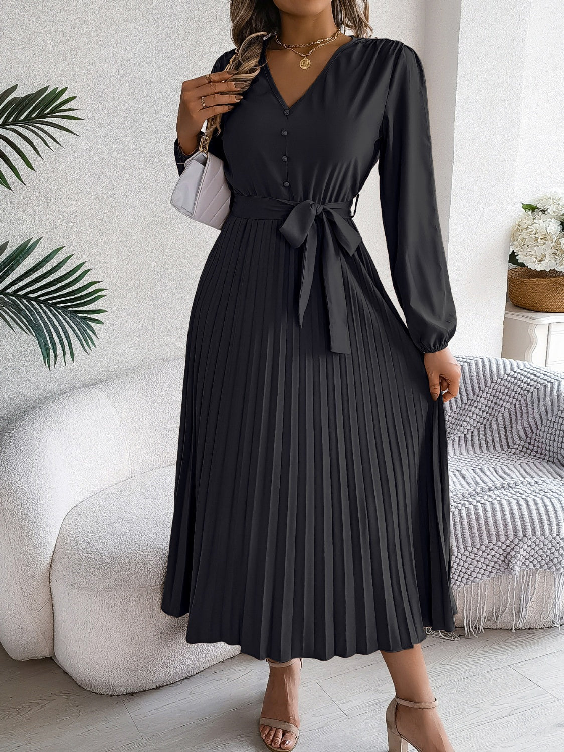 Pleated Tied V-Neck Long Sleeve Dress  