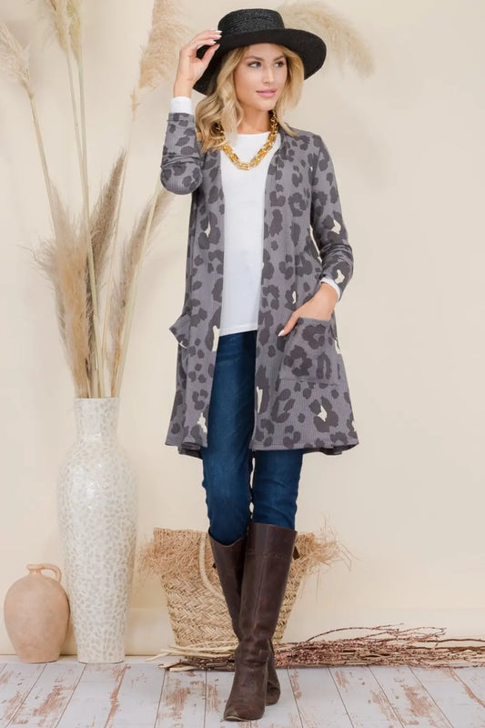 Celeste Full Size Leopard Open Front Contrast Cardigan  