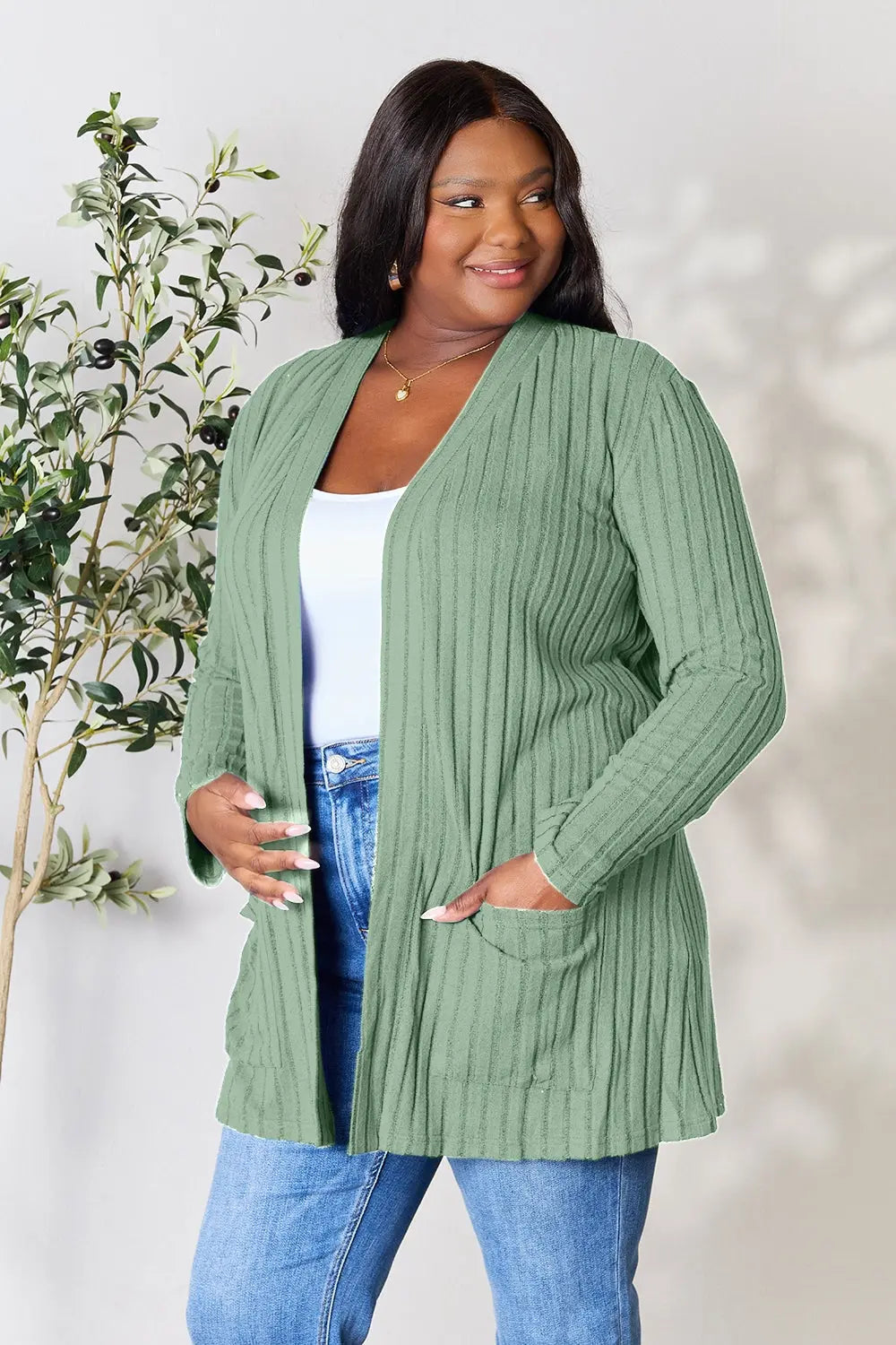 Basic Bae Full Size Ribbed Open Front Cardigan with Pockets  