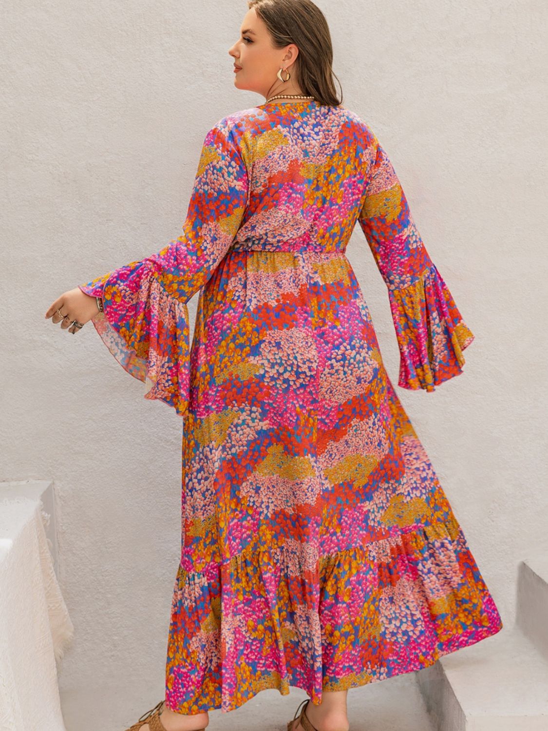 Plus Size Printed V-Neck Long Sleeve Maxi Dress  