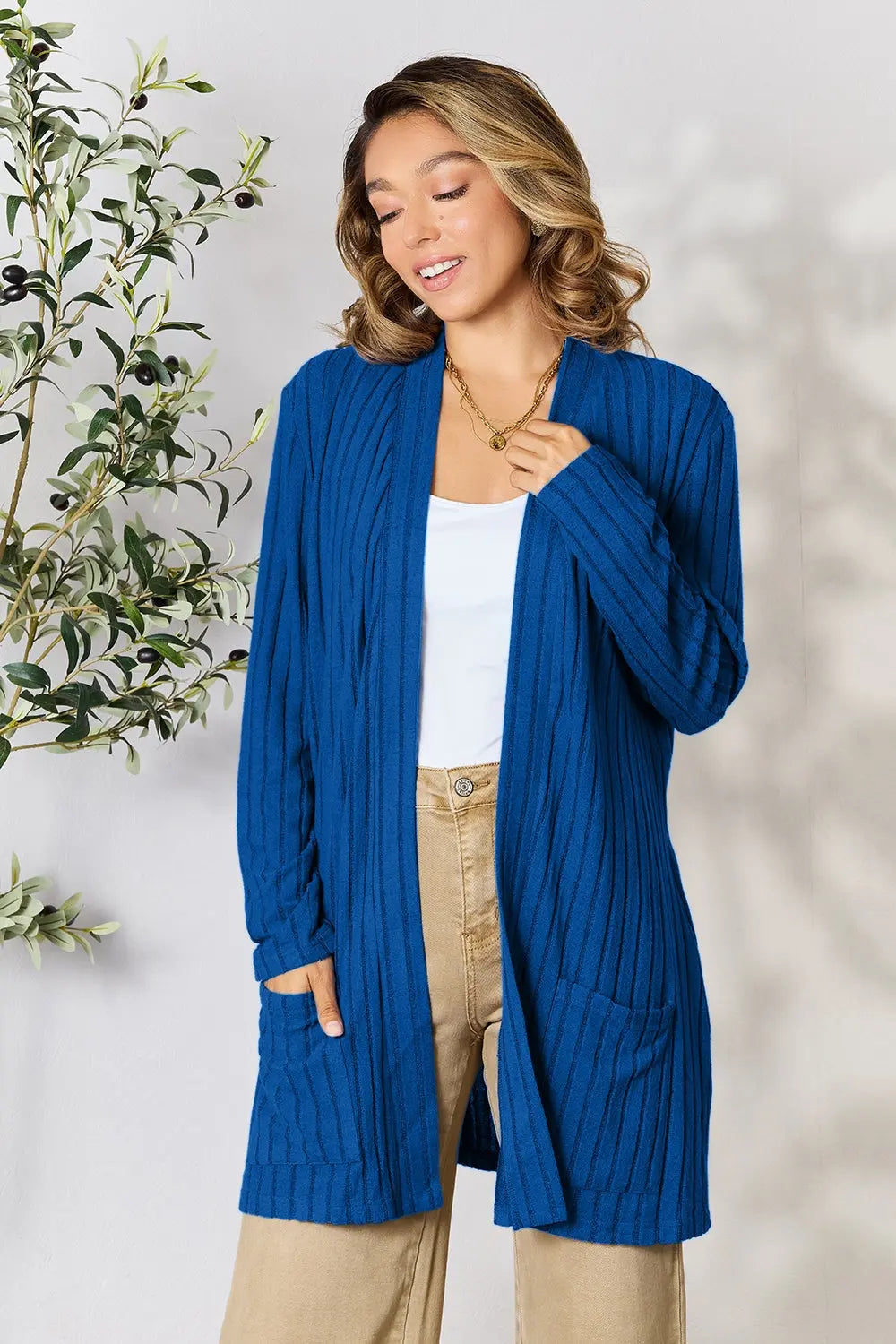 Basic Bae Full Size Ribbed Open Front Cardigan with Pockets  