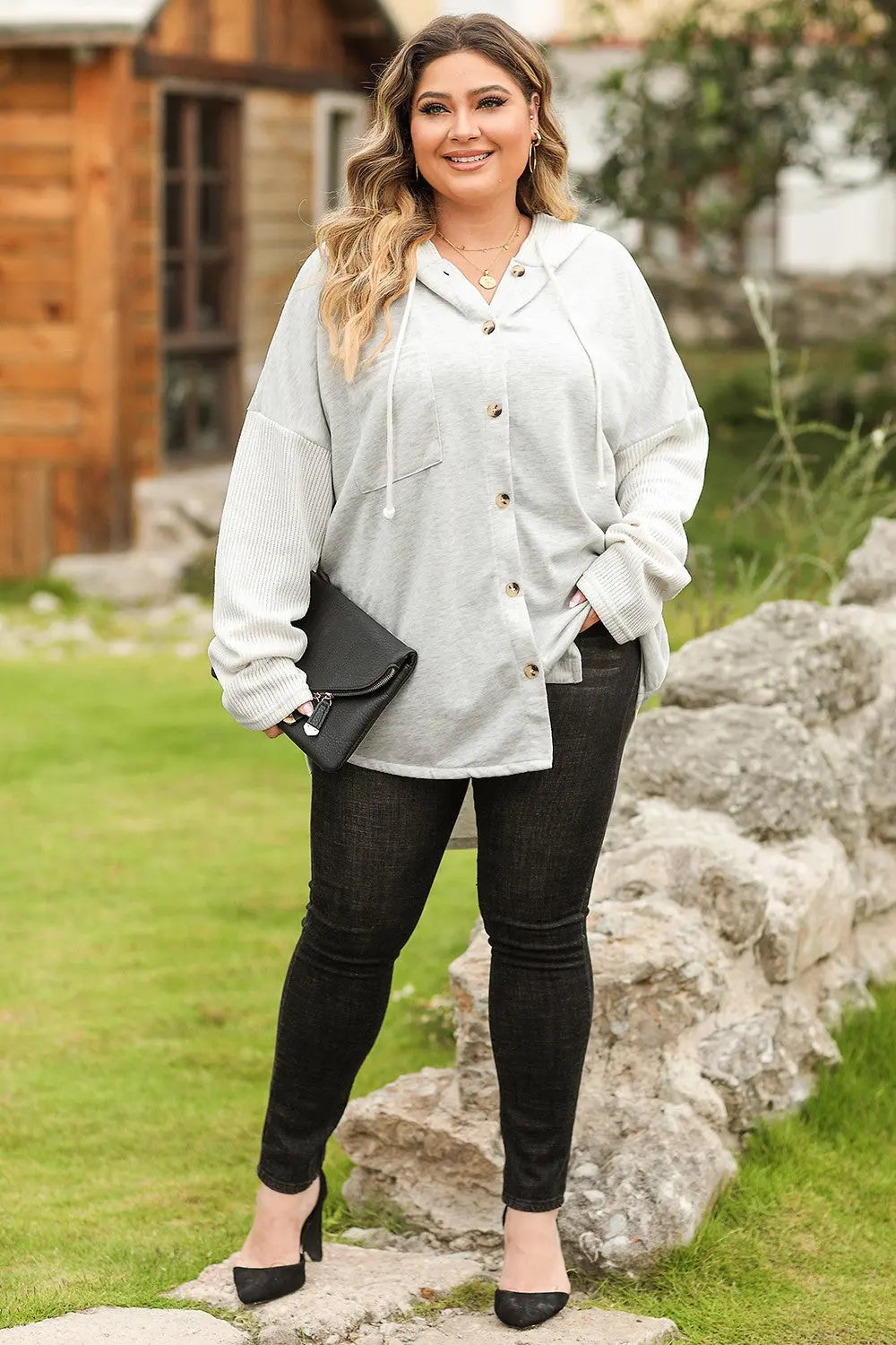 Plus Size Button Up Drawstring Long Sleeve Hoodie  