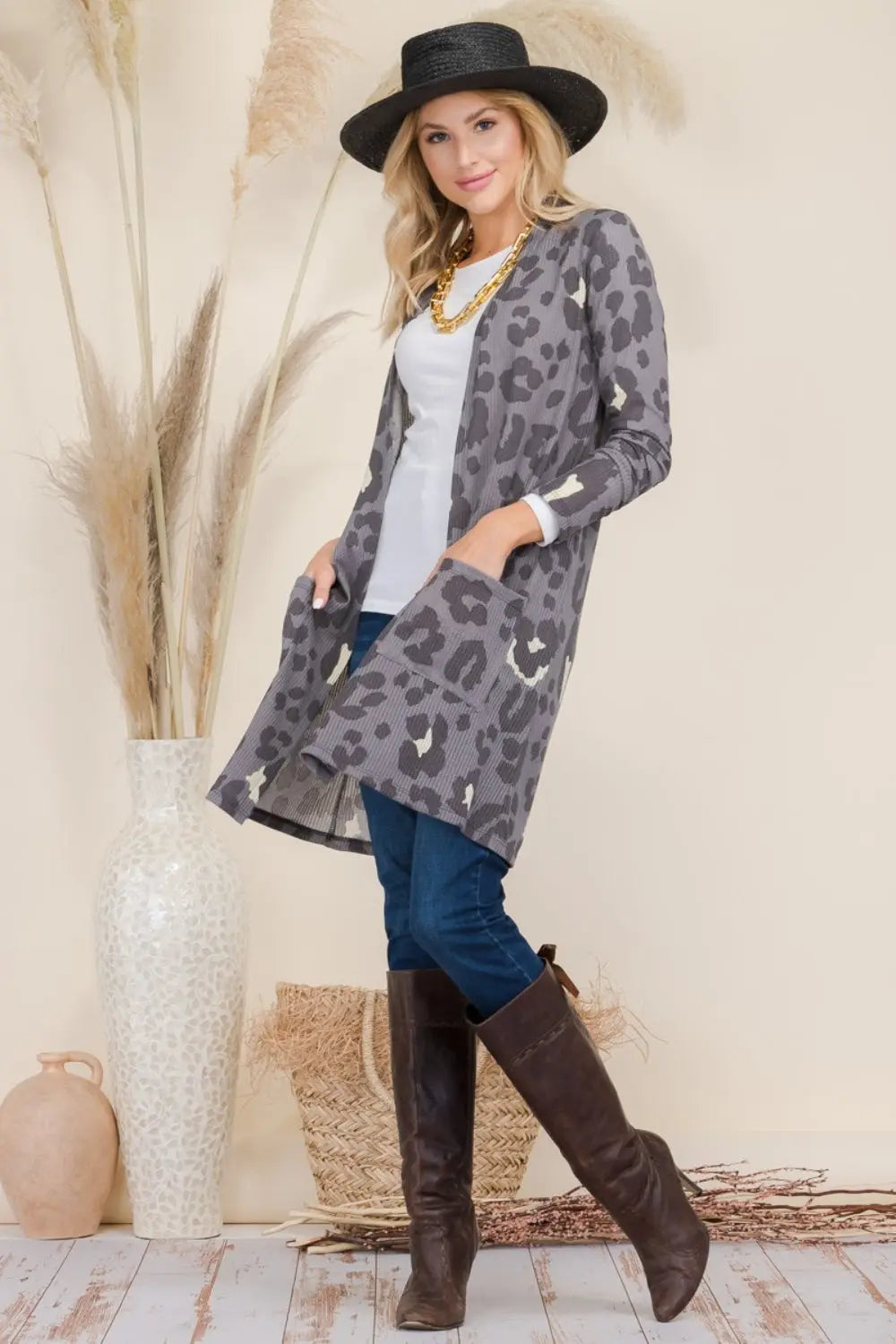 Celeste Full Size Leopard Open Front Contrast Cardigan  