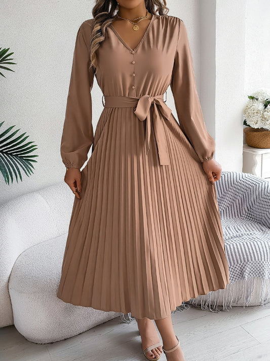 Pleated Tied V-Neck Long Sleeve Dress  