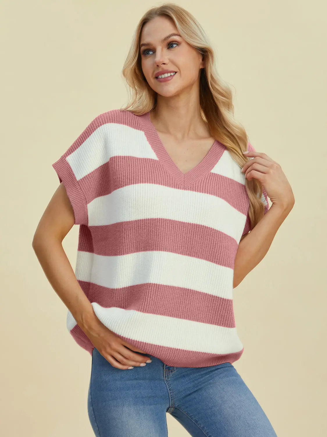 Double Take Full Size Striped V-Neck Short Sleeve Sweater  