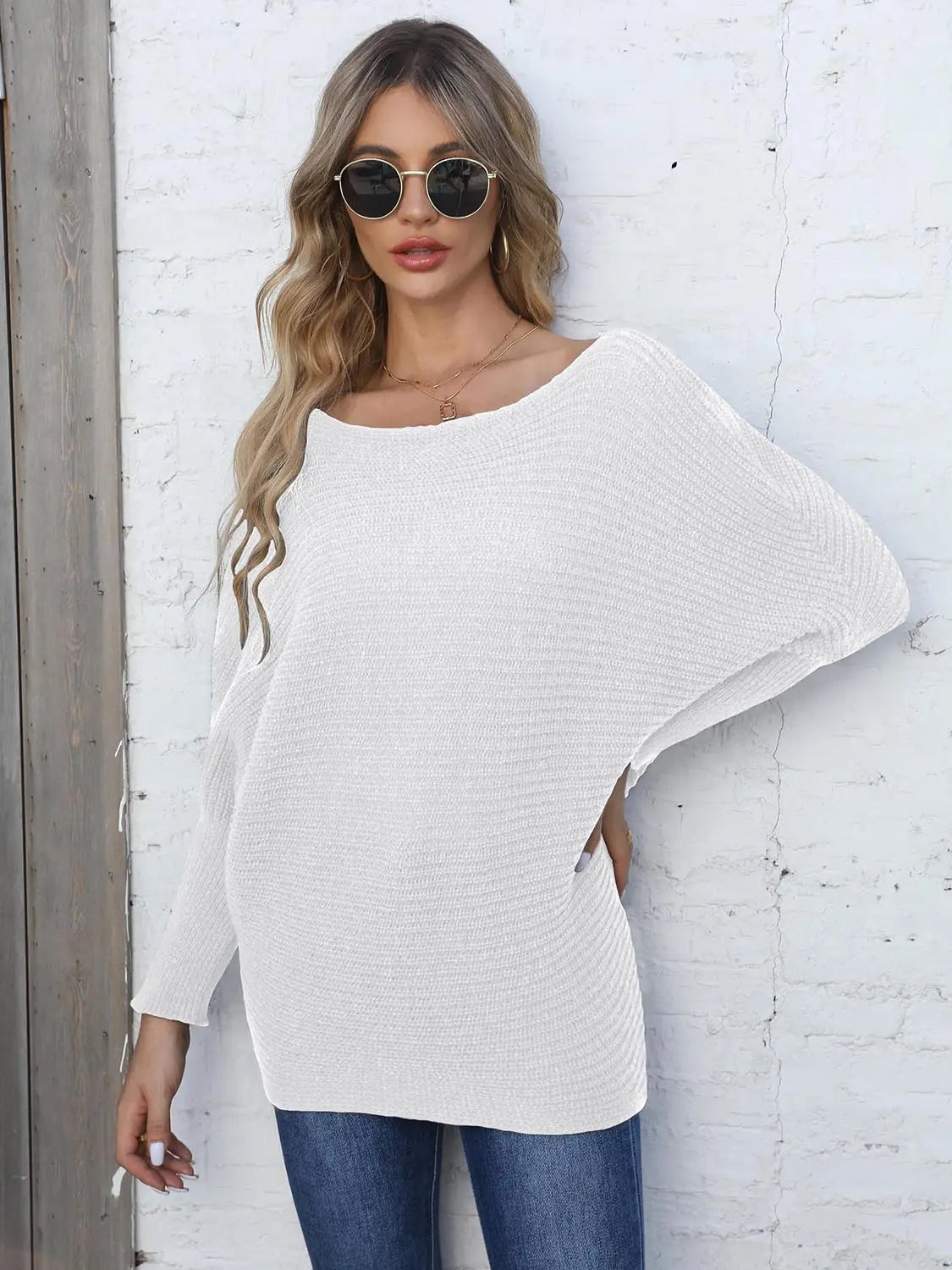 Full Size Horizontal Ribbing Dolman Sleeve Sweater  