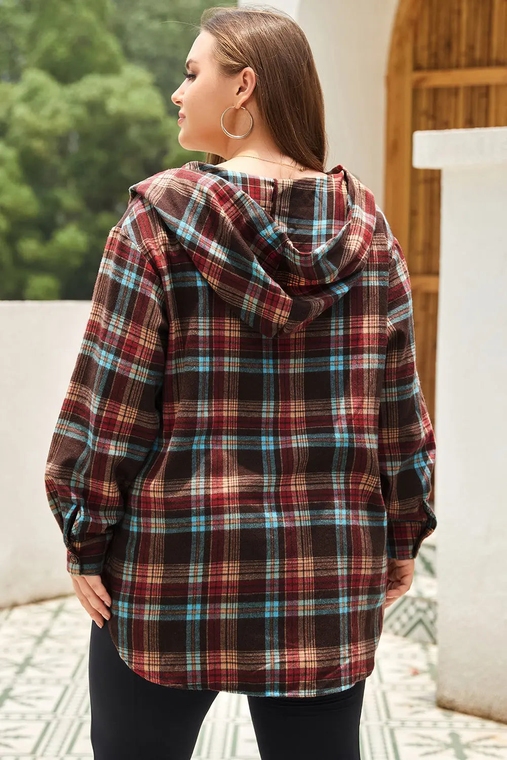 Plus Size Drawstring Plaid Quarter Button Hoodie  