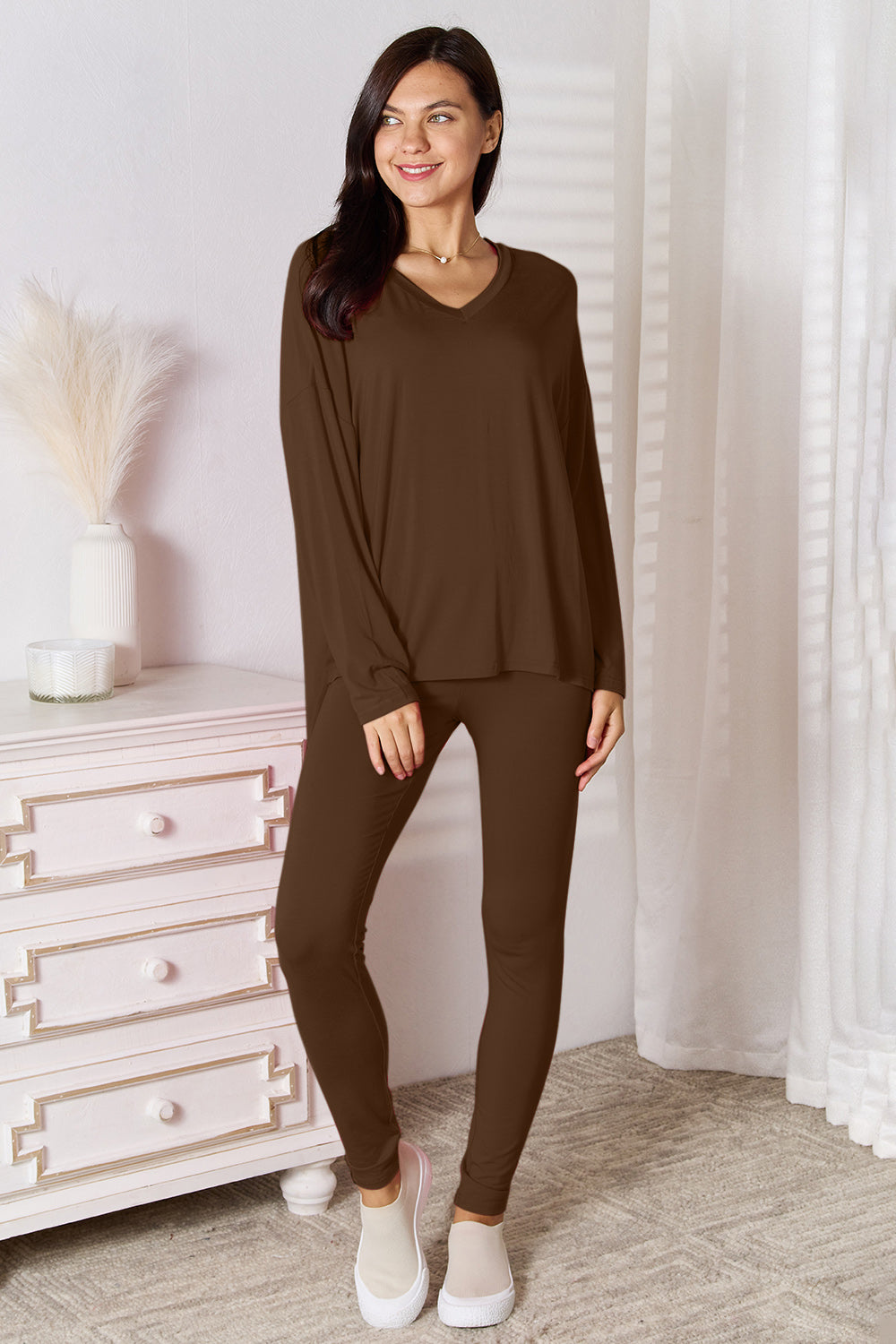 Basic Bae Full Size V-Neck Soft Rayon Long Sleeve Top and Pants Lounge Set  