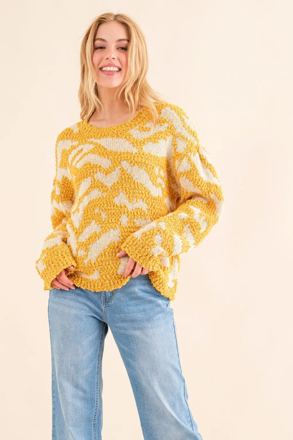 And The Why Full Size Textured Pattern Contrast Sweater  